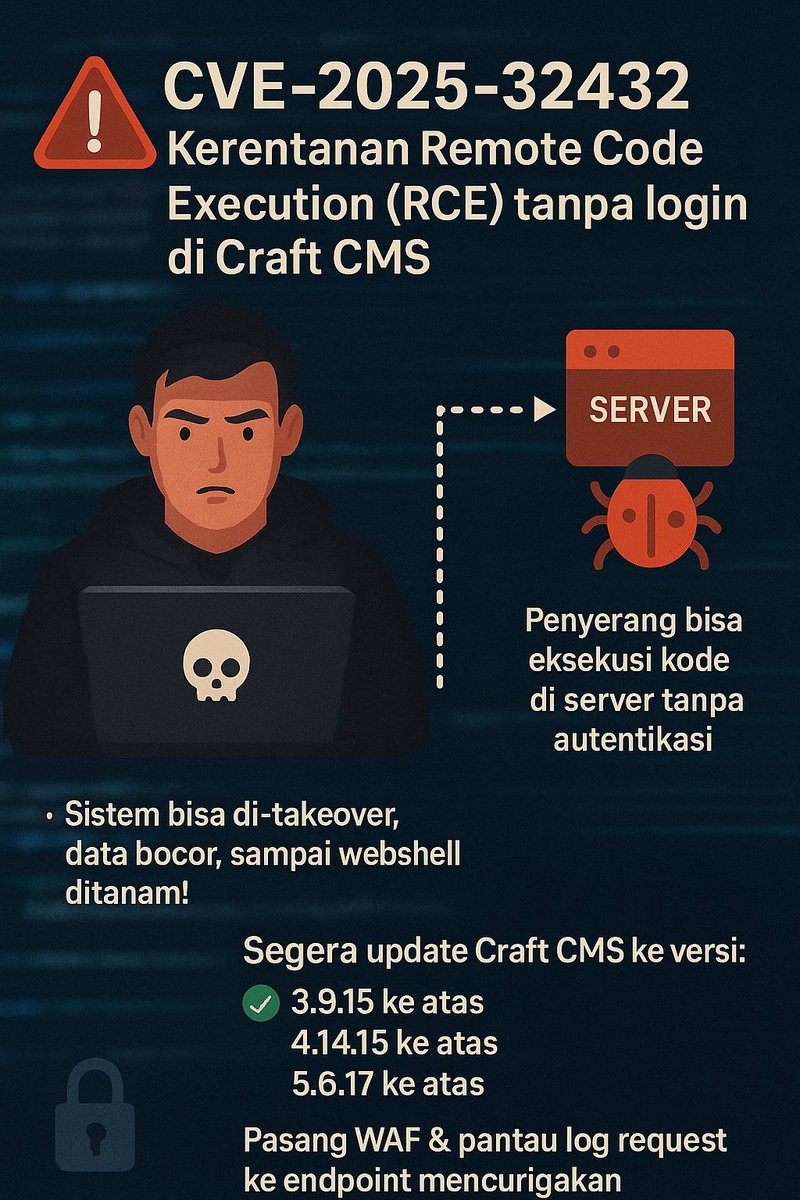 SatsiberTni's tweet photo. 🔴 [INFORMASI KEAMANAN] Kerentanan RCE Tanpa Login di Craft CMS
Craft CMS adalah platform powerful, namun keamanan harus selalu diutamakan. Segera lakukan update dan review keamanan server Anda agar terhindar dari risiko yang merugikan. https://t.co/yk0IWBacJE