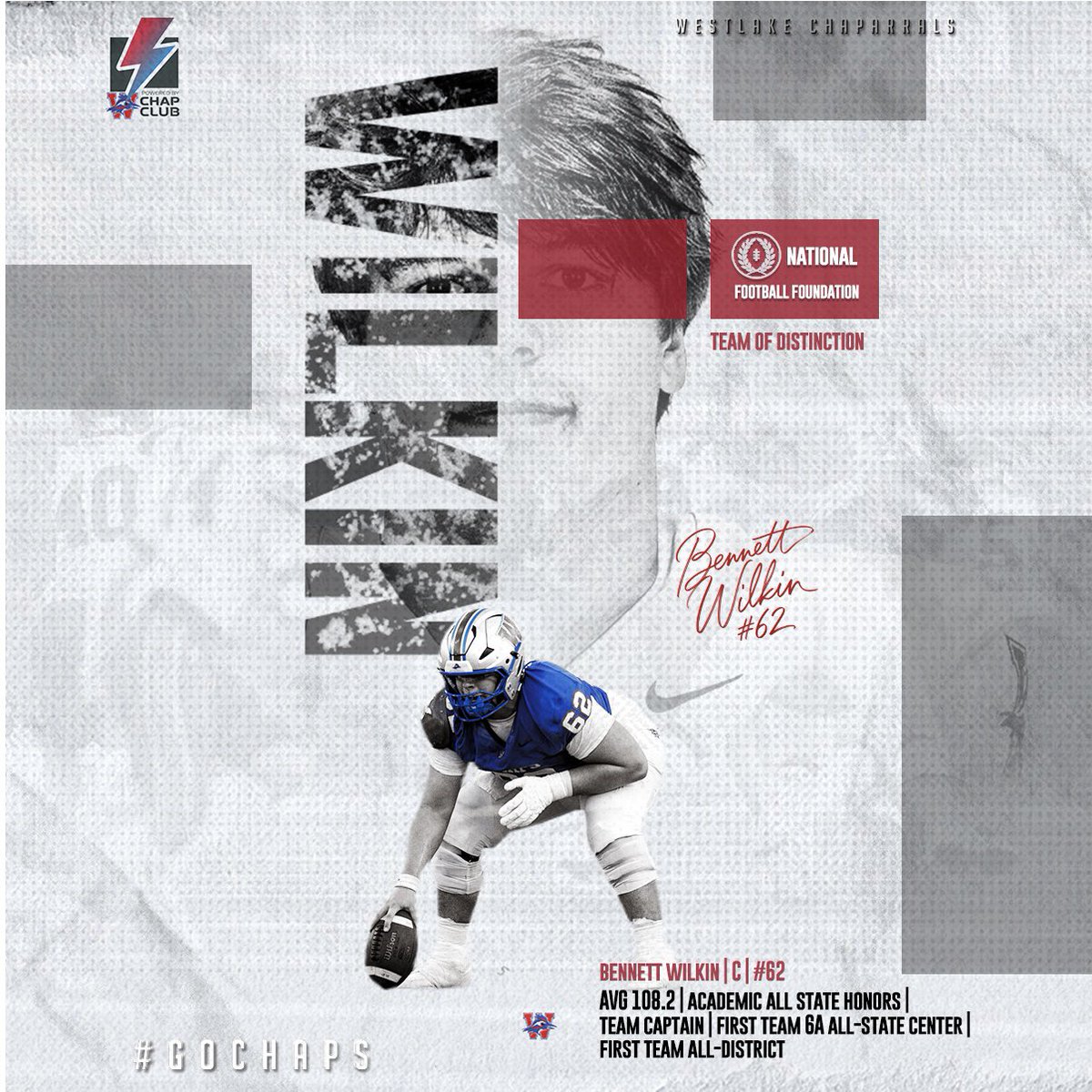 Bennett Wilkin was named to the 2025 National Football Foundation Team of Distinction. He is one of 82 players chosen out of 3500 national candidates. Congratulations, Bennett. #GoChaps