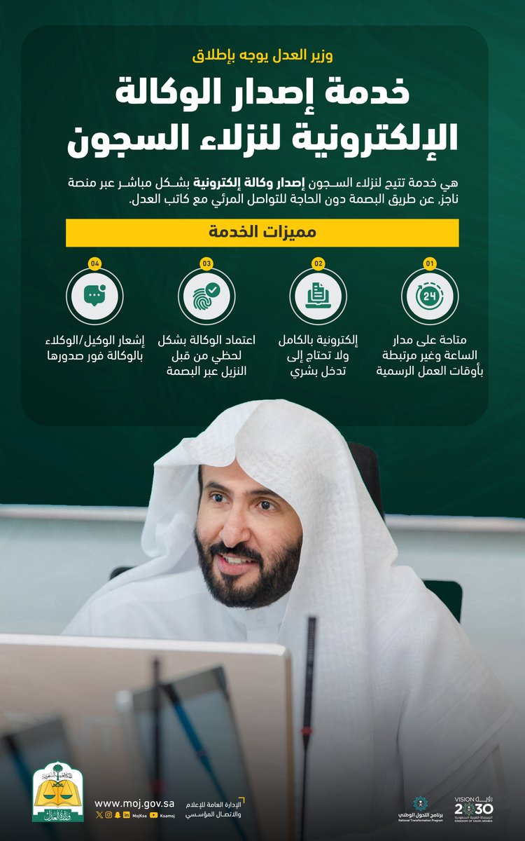 وزير العدل د. وليد الصمعاني يوجه بإطلاق خدمة إصدار الوكالة الإلكترونية لنزلاء السجون.