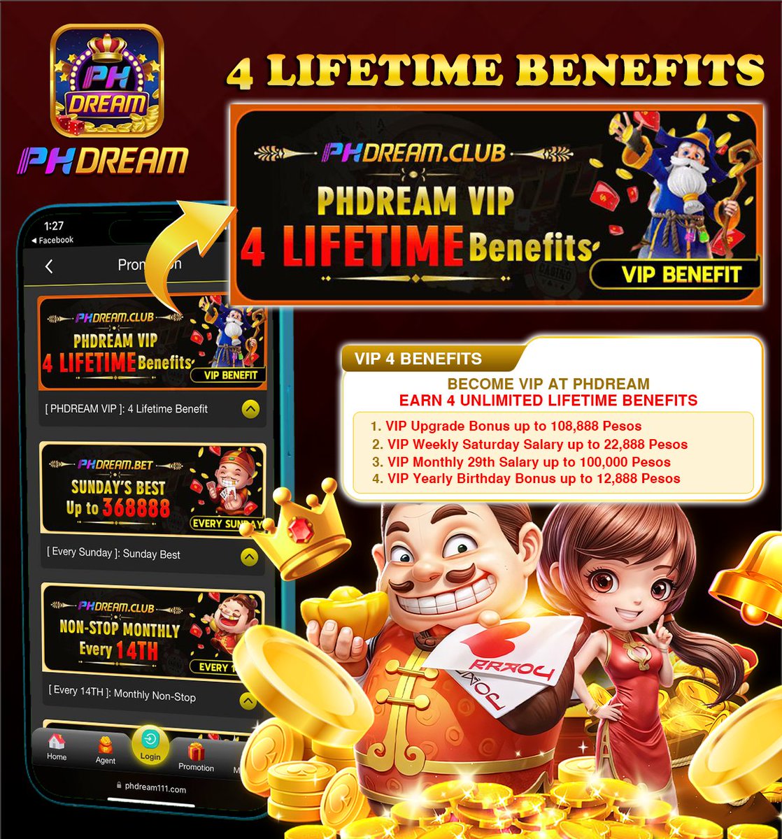 PHDream_Page's tweet photo. 🌟VIP Bliss: Yours for a Lifetime🌟

➡️Every Upgrade Bonus 
➡️Weekly Salary
➡️Monthly Salary
➡️Yearly Birthday Gift

Registration Link :https://t.co/ZkXwo2G9YU

#phdream #phdreamonlinecasino #phdreamcasinogames #bonus #jackpot #bet #superace #bingo #megaball #colorgame #blackjack https://t.co/vPcUHK22Mb