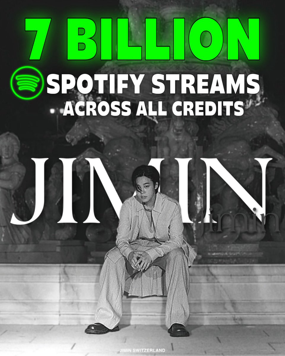 ✨7 BILLION ✨

Jimin’s Spotify account has surpassed incredible 7 BILLION streams across all credits!!!

CONGRATULATIONS JIMIN🎉

#7BillionForJimin 
JIMIN 7B ON SPOTIFY
GLOBAL POP STAR JIMIN
MOST SUCCESSFUL SOLOIST JIMIN
#JIMIN #지민 #Spotify <a href="/BTS_twt/">방탄소년단</a>