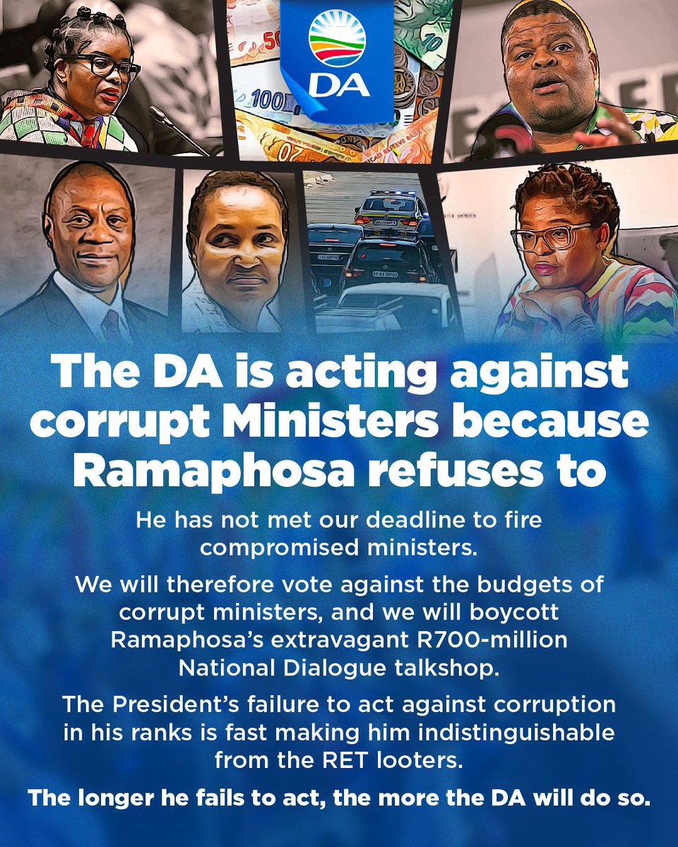 🚨 The DA is taking action to deal with corrupt Ministers because Ramaphosa refuses to fire lawbreakers.

We will therefore vote against the budgets of corrupt ministers and boycott the extravagant R700 million National Dialogue. Watch the full briefing: youtube.com/live/ykSP1XIDf…