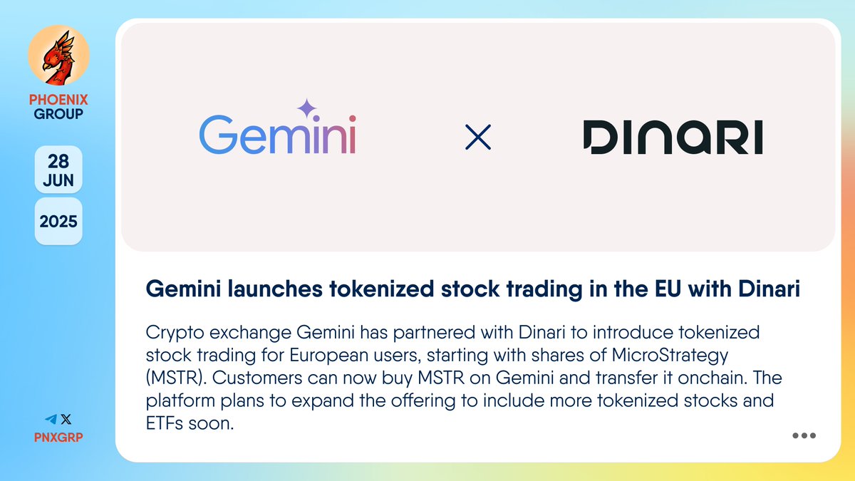 🤝 @Gemini launches tokenized stock trading in the EU with @DinariGlobal Crypto  exchange #Gemini has partnered with #Dinari to introduce tokenized stock  trading for European users, starting with shares of MicroStrategy (MSTR).