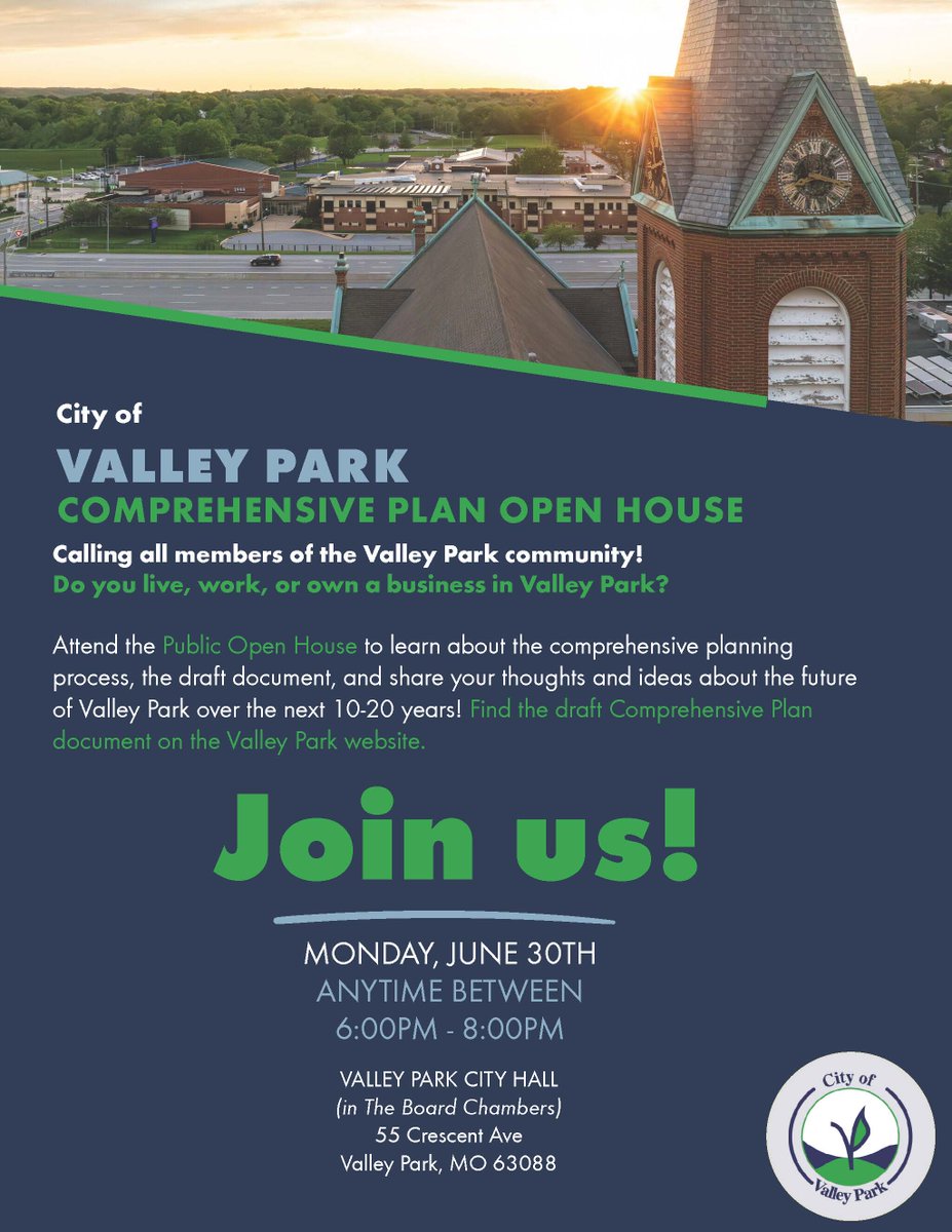 Comprehensive Plan Open House

PGAV Planners is hosting an open house to discuss our comprehensive plan update on Monday, June 30th from 6 – 8pm. 

Click Below for the Draft of the Comprehensive Plan:
valleyparkmo.org/sites/g/files/…