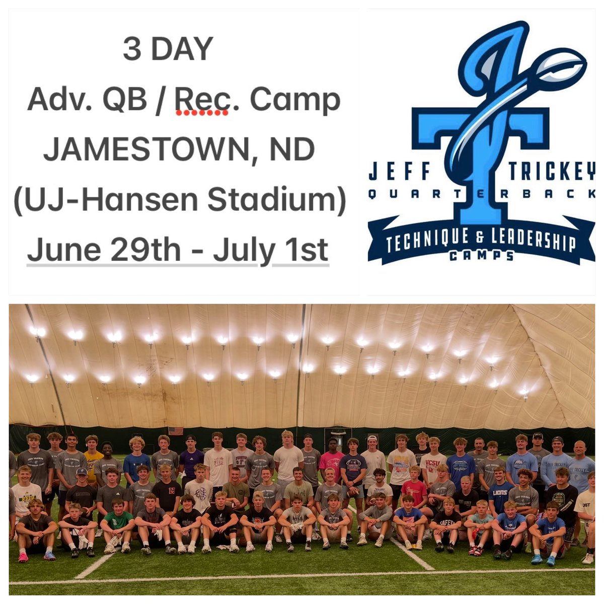 Bill Nelson (@blujstrength46) on Twitter photo Tomorrow is the day, 3rd year we have had the opportunity to host the amazing 3 Day Trickey Adv QB/ Rec Camp <a href="/jefftrickeyqb/">Jeff Trickey Quarterback Technique/Leadership Camp</a> for QBs at <a href="/UJ_Jimmies/">University of Jamestown</a> <a href="/JimmieFootball/">Jamestown Football</a> Hansen Stadium. Few spots open, unlike any other skills camp, game changer!! Get there. #accepttheriskofleadership Tomorrow is the day, 3rd year we have had the opportunity to host the amazing 3 Day Trickey Adv QB/ Rec Camp <a href="/jefftrickeyqb/">Jeff Trickey Quarterback Technique/Leadership Camp</a> for QBs at <a href="/UJ_Jimmies/">University of Jamestown</a> <a href="/JimmieFootball/">Jamestown Football</a> Hansen Stadium. Few spots open, unlike any other skills camp, game changer!! Get there. #accepttheriskofleadership