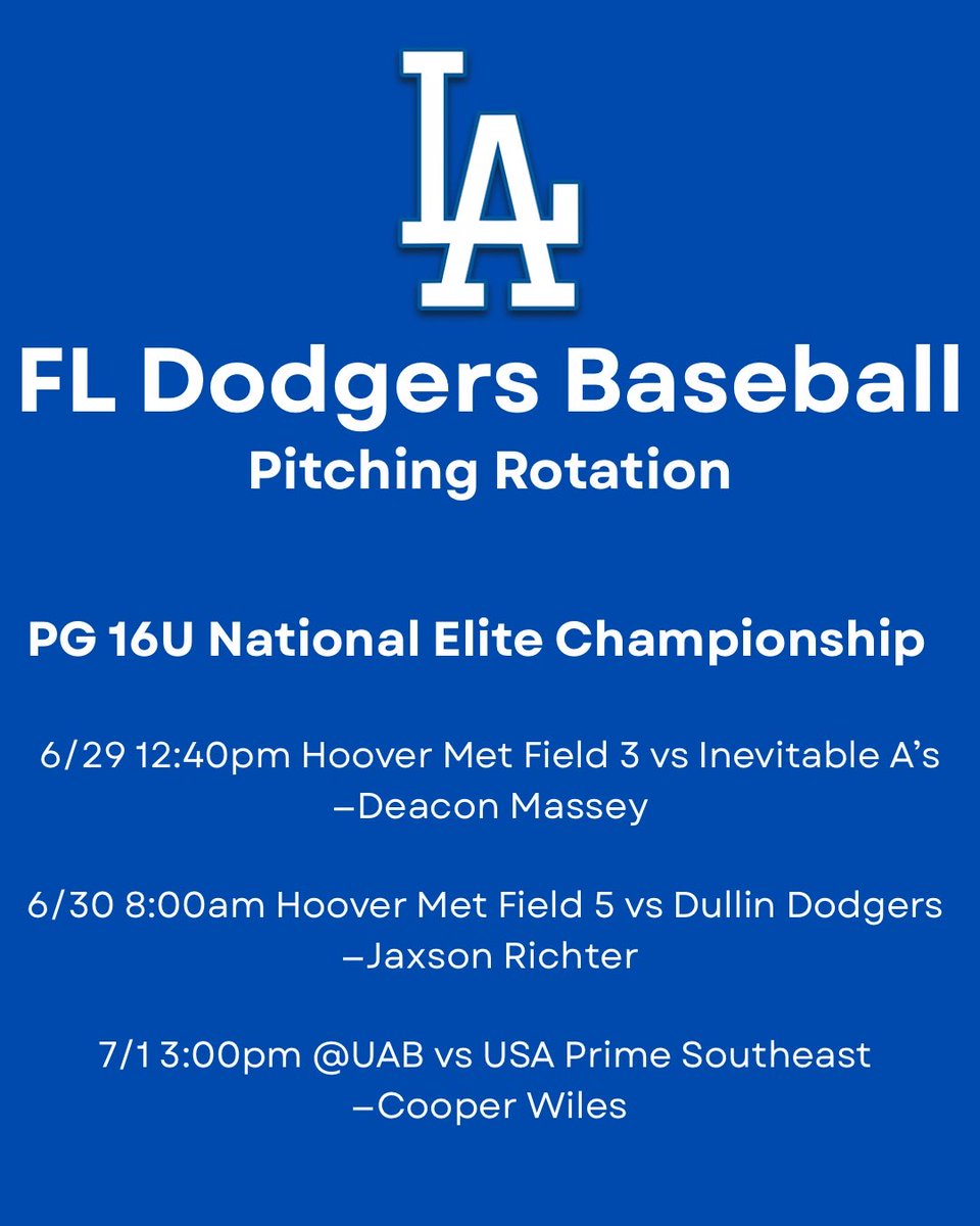 FL Dodgers 2027 Scout Team pitching rotation for ⁦<a href="/PerfectGameUSA/">Perfect Game USA</a>⁩ 16U National Elite Championship in Hoover.