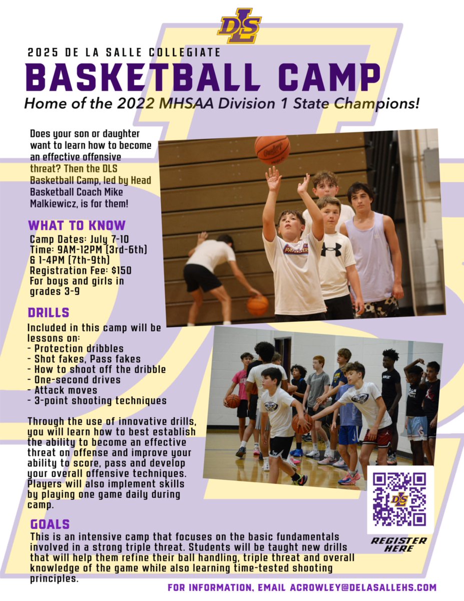 DLSPilots's tweet image. Your son or daughter can learn about protection dribbles, shot fakes, pass fakes and more at DLS Basketball Camp! Camp will be held July 7-10.
Scan the QR code to register or click on the link:
tinyurl.com/DLSCamps25
#PilotPride