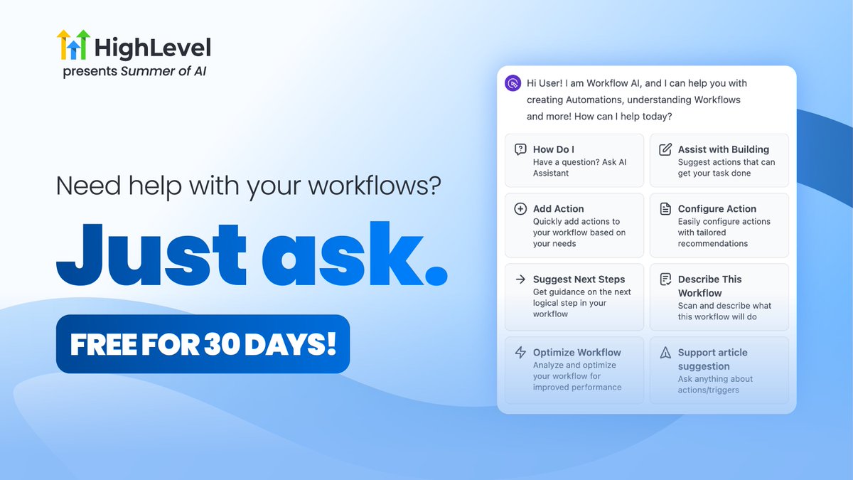 gohighlevel's tweet image. Save time, look brilliant:
✨ Use Workflow AI Assistant to build out automations with step-by-step instructions.
No guesswork. Just genius.

Try it free for 30 days: gohighlevel.com/soai_x 

#WorkflowTips #HighLevelHack #SummerOfAI