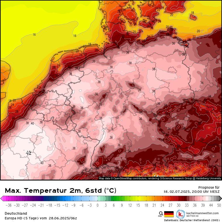 GerWeather's tweet image. The most severe heatwave of the summer is peaking next week, with temperatures approaching 40°C (104°F) in W Germany. Honestly, with the current weather pattern and SST anomalies in the MedSea, I could imagine a run at the German all time record over the course of this summer.