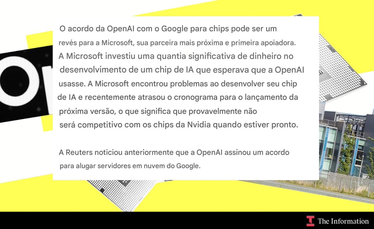 OpenAI começou a alugar TPUs do Google pra rodar o ChatGPT e outros modelos, saindo um pouco da dependência total da Nvidia e da infraestrutura da Microsoft.