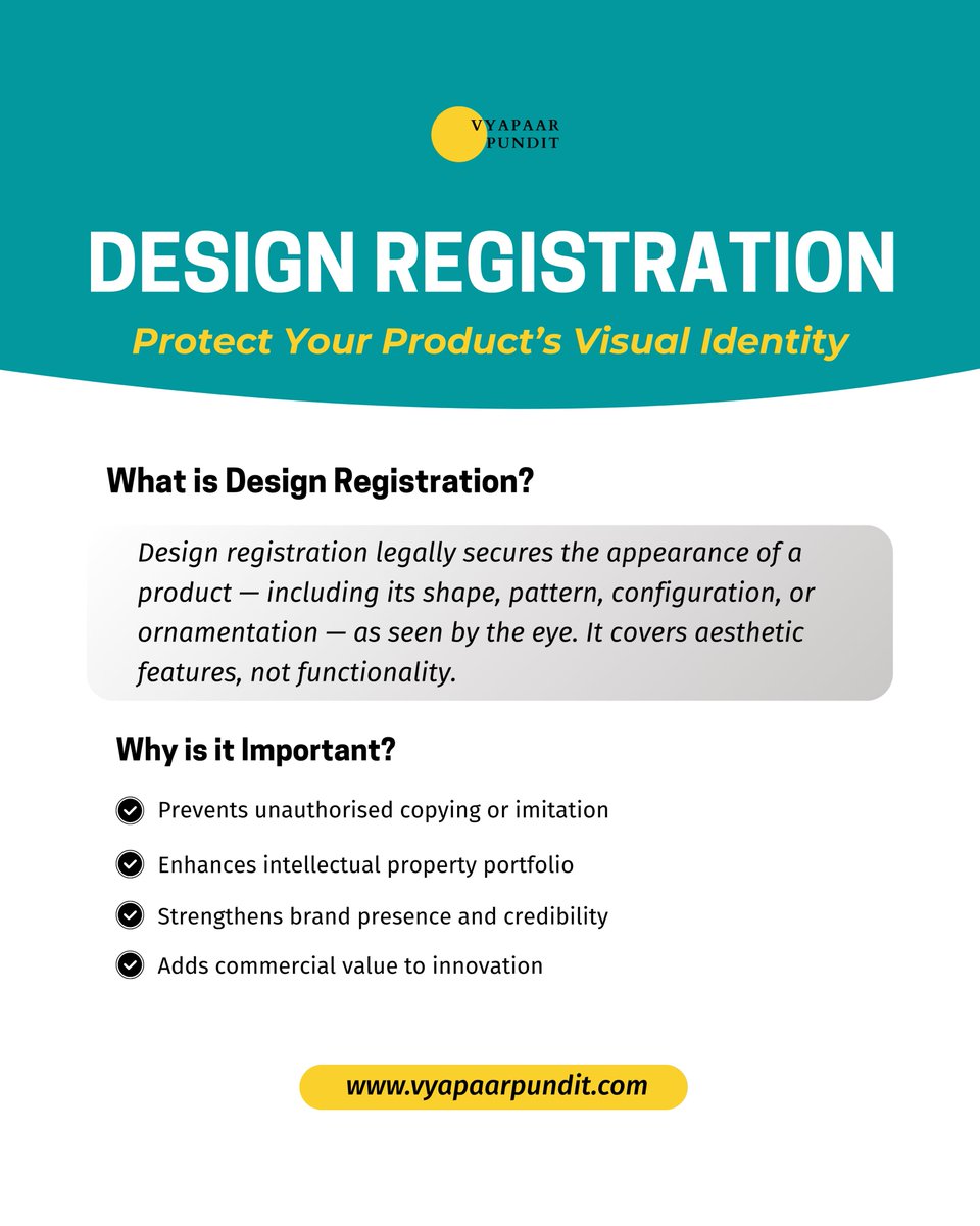PunditVyapaar's tweet image. ✨ Your product’s design is your signature — keep it protected. 🛡️🎨

Vyapaar Pundit helps secure your visual identity with design registration. 📄✅

Because how it looks matters too. ⚙️✨

#vyapaarpundit #designregistration #ipprotection #brandidentity #businesssupport
