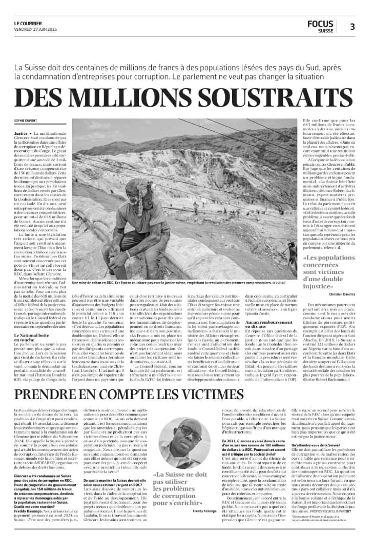 Le Congo N’est Pas à Vendre. (@corruptiontue) on Twitter photo La #Suisse doit des centaines de millions de francs à des populations lésées des #pays du #Sud, après la condamnation d’entreprises pour #corruption. Le parlement ne veut pas changer la situation. #FreddyKASONGO de <a href="/CorruptionTue/">Le Congo N’est Pas à Vendre.</a> et Secrétaire Exécutif de <a href="/OearseRdc/">OEARSE RDC</a> recommande à La #Suisse doit des centaines de millions de francs à des populations lésées des #pays du #Sud, après la condamnation d’entreprises pour #corruption. Le parlement ne veut pas changer la situation. #FreddyKASONGO de <a href="/CorruptionTue/">Le Congo N’est Pas à Vendre.</a> et Secrétaire Exécutif de <a href="/OearseRdc/">OEARSE RDC</a> recommande à