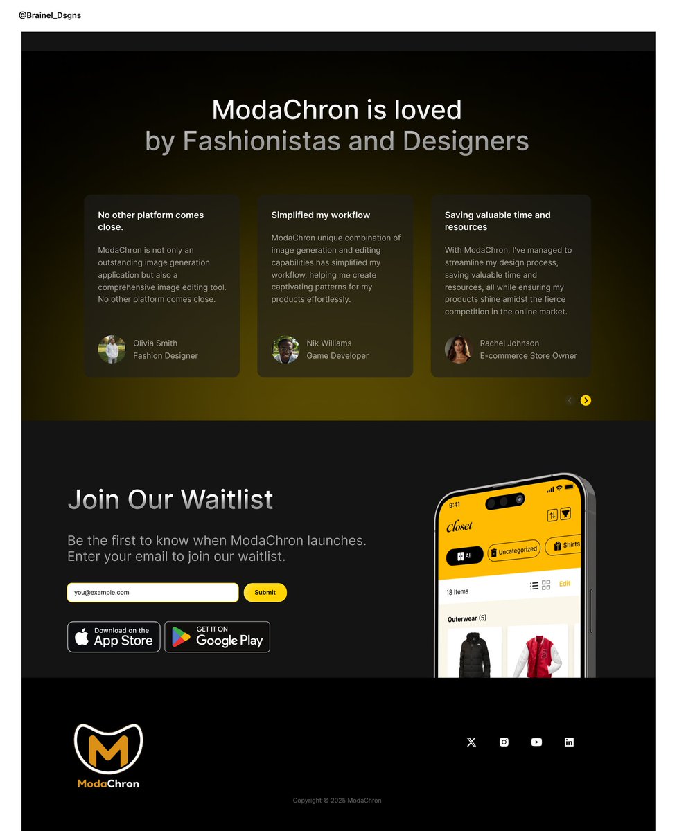 Brainel_Dsgns's tweet photo. I got an offer to revamp ModaChron waitlist landing page and I completed the UI in just a day. ✨🚀 https://t.co/8kSW1A4eFA