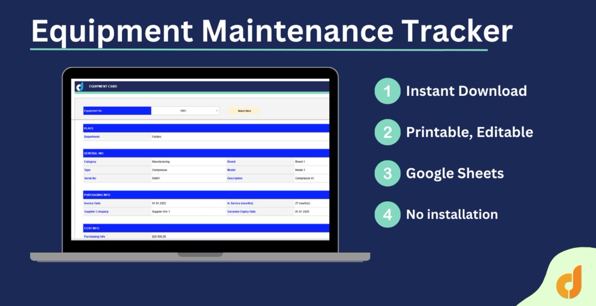 🧰 Need to manage maintenance better?

This Equipment Maintenance Tracker by Elif Çağlan is built in Google Sheets.
📋 Service history
⚠️ Alerts
☁️ Cloud access
💵 $15

👉 eloquens.com/tool/10wPT1kR/…
#MaintenanceTools #GoogleSheets #OperationsManagement #Eloquens