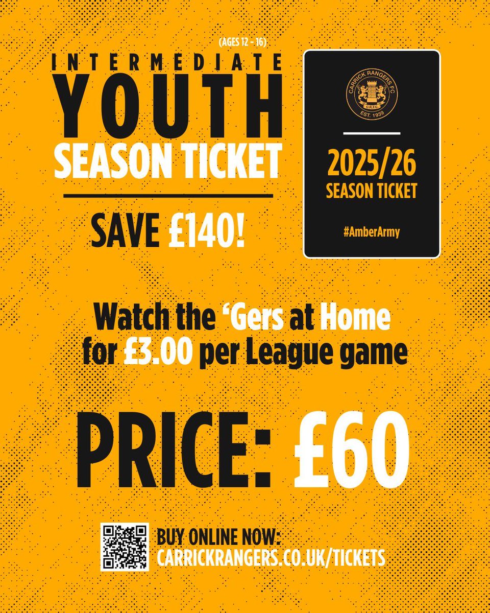 Carrick Rangers (@carrickrangers) on Twitter photo ๐ฆ๐๐๐ฆ๐ข๐ก ๐ง๐๐๐๐๐ง๐ฆ ๐๏ธ
๐๐ป๐๐ฒ๐ฟ๐บ๐ฒ๐ฑ๐ถ๐ฎ๐๐ฒ๐ (Aged 12 - 16) can watch ๐ญ๐ฐ ๐ต๐ผ๐บ๐ฒ ๐น๐ฒ๐ฎ๐ด๐๐ฒ ๐ด๐ฎ๐บ๐ฒ๐ ๐ณ๐ผ๐ฟ ๐ณ๐ฟ๐ฒ๐ฒ.
Pick up an Intermediate Youth Season Ticket now, ahead of the 'Gers first home game on 16th Aug to save ยฃ140!
๐ buff.ly/Fsv0Oet ๐ฆ๐๐๐ฆ๐ข๐ก ๐ง๐๐๐๐๐ง๐ฆ ๐๏ธ
๐๐ป๐๐ฒ๐ฟ๐บ๐ฒ๐ฑ๐ถ๐ฎ๐๐ฒ๐ (Aged 12 - 16) can watch ๐ญ๐ฐ ๐ต๐ผ๐บ๐ฒ ๐น๐ฒ๐ฎ๐ด๐๐ฒ ๐ด๐ฎ๐บ๐ฒ๐ ๐ณ๐ผ๐ฟ ๐ณ๐ฟ๐ฒ๐ฒ.
Pick up an Intermediate Youth Season Ticket now, ahead of the 'Gers first home game on 16th Aug to save ยฃ140!
๐ buff.ly/Fsv0Oet