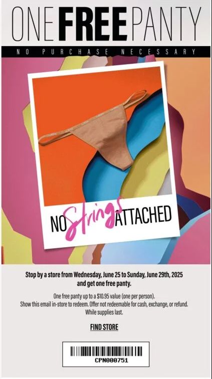 RedFlagDeals's tweet image. 🎉 La Senza Free Panty Offer – In-Store Only! 🎉

Get a FREE panty (up to $10.95) at La Senza! No purchase necessary—just show the email in-store. Offer valid June 25–29, 2025.

🛍️ Find a store: 👉 buff.ly/aSHwvGC

#RedFlagDeals #LaSenza #FreePanty #InStoreOffer