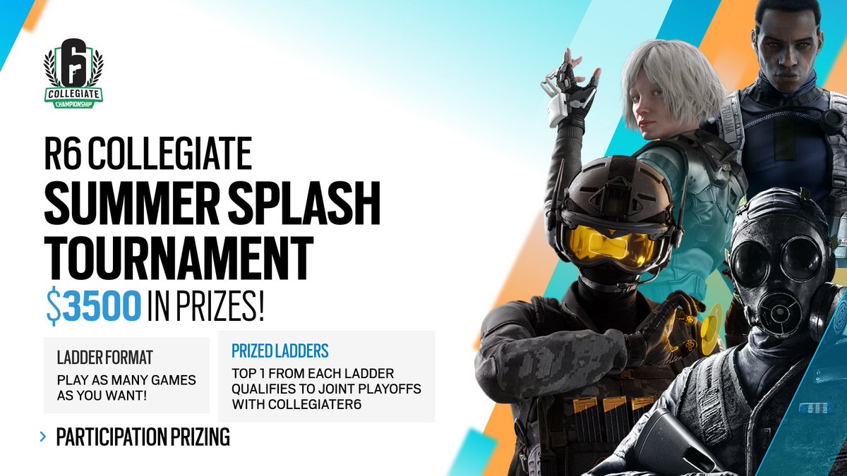 It starts today!

The #R6C Summer Splash Tournament featuring free entry &amp; rolling registration debuts its 1st ladder at tinyurl.com/r6collegiate 

🪜 Play in as many (or as few) of 6 weekend ladders as you want. 
🕐 Queue up anytime from 12pm ET to 9pm ET!
💰 3+ wins on 1st or