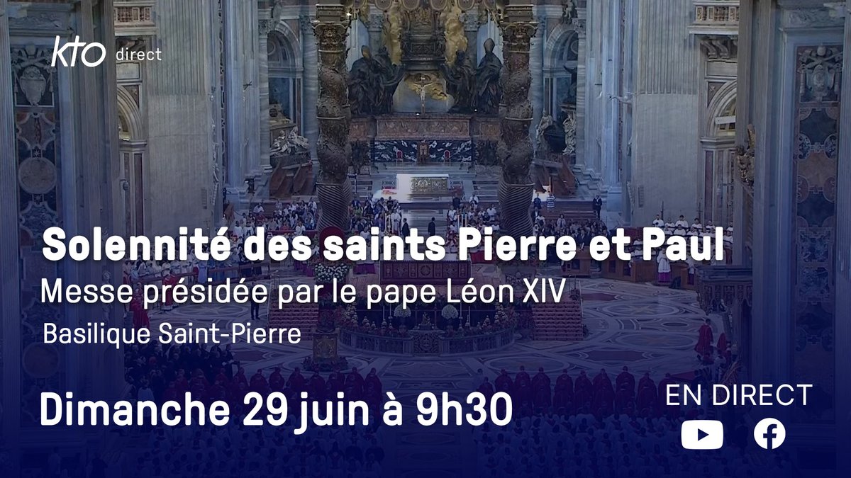Ce dimanche 29 juin, en la fête des saints Pierre et Paul, le pape #LéonXIV bénira et imposera le #pallium aux archevêques nommés dans l'année, lors d'une messe célébrée dans la basilique Saint-Pierre.

👉En direct de #Rome à partir de 9h30 sur KTO et youtube.com/live/BIuwL1a3A…