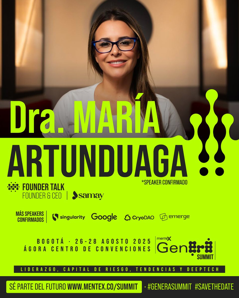 🚀 ¡Confirmada! La Dra. María Artunduaga, una de las voces más influyentes en salud digital y liderazgo femenino, será speaker en #GeneraSummit 2025.
👩‍⚕️ Fundadora de Samay, compartirá cómo la tecnología puede transformar industrias críticas.

🔗 mentex.co/summit