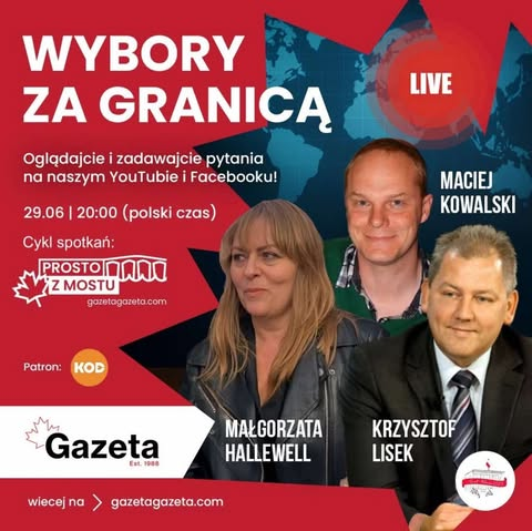🌎 Jak głosowała Polonia? Powyborcza rozmowa z ekspertami o wynikach i akcji Polonii! Jak było? 
🔴 Specjalny LIVE #ProstoZMostu z ekspertami Z WASZYM UDZIAŁEM już 29.06 o 20:00 (czas 🇵🇱).  
🎙️ Goście tego spotkania #ProstoZMostu: 
• Krzysztof Lisek – koordynator kampanii RT za