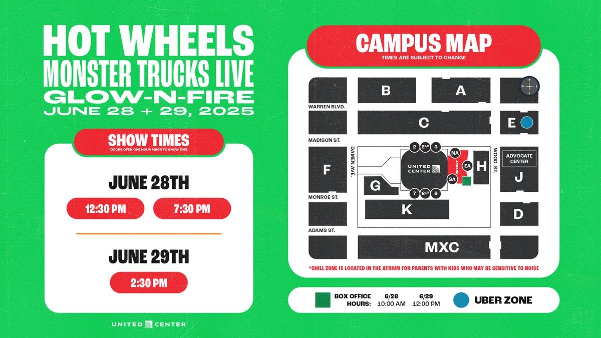 Are you ready to see THREE Hot Wheels Monster Trucks Live shows this weekend?

🏁 SATURDAY, JUNE 28 @ 12:30 PM
🏁 SATURDAY, JUNE 28 @ 7:30 PM
🏁 SUNDAY, JUNE 29 @ 2:30 PM

Get show tickets, pre-show party tickets and VIP passes now at unitedcenter.com/hotwheels
