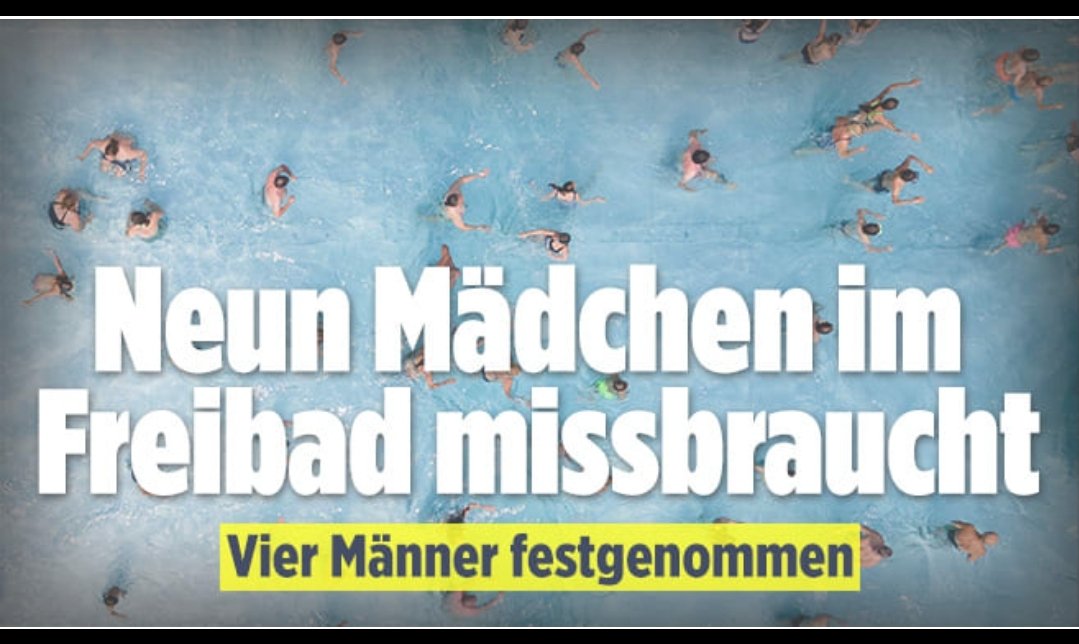 Sie suchten Spaß im Wasser, 
doch stattdessen endete der Tag entsetzlich: Neun Mädchen wurden im Freibad in Gelnhausen (Hessen) von vier Syrern missbraucht! Das jüngste Opfer war erst 11 Jahre alt, das älteste 17.
Die Täter erhielten Hausverbot vom Schwimmbad.