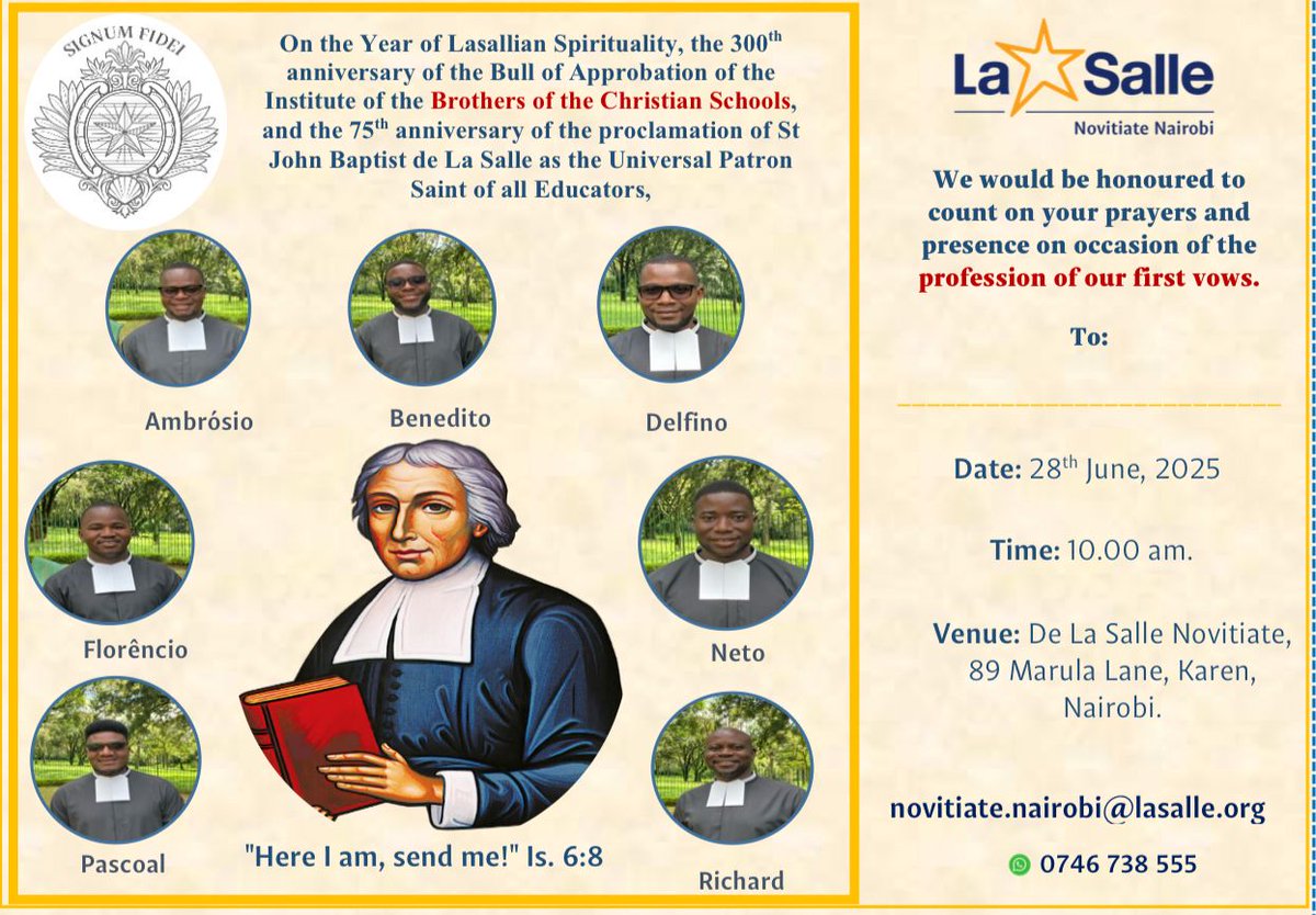 lasalleorg's tweet photo. ESP || #RELAF Damos gracias a Dios por el testimonio de fidelidad y consagración de los Hermanos Pascoal, Florêncio, Ambrósio, Benedito, Delfino Neto y Richard, quienes hoy han profesado sus Primeros Votos en el Noviciado de Nairobi, en Kenia 🙏. https://t.co/7lzxd5x2N6