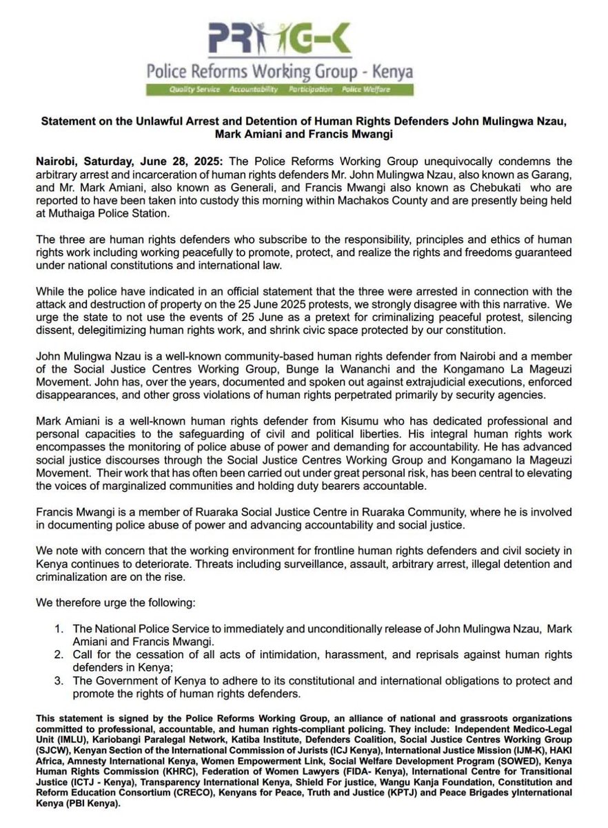 ReformsGroup's tweet image. Statement on the unlawful arrest and detention of human rights defenders John Mulingwa Nzau, Mark Amiani and Francis Mwangi. We note with concern that the working environment for frontline human rights defenders and civil society in Kenya continues to deteriorate.