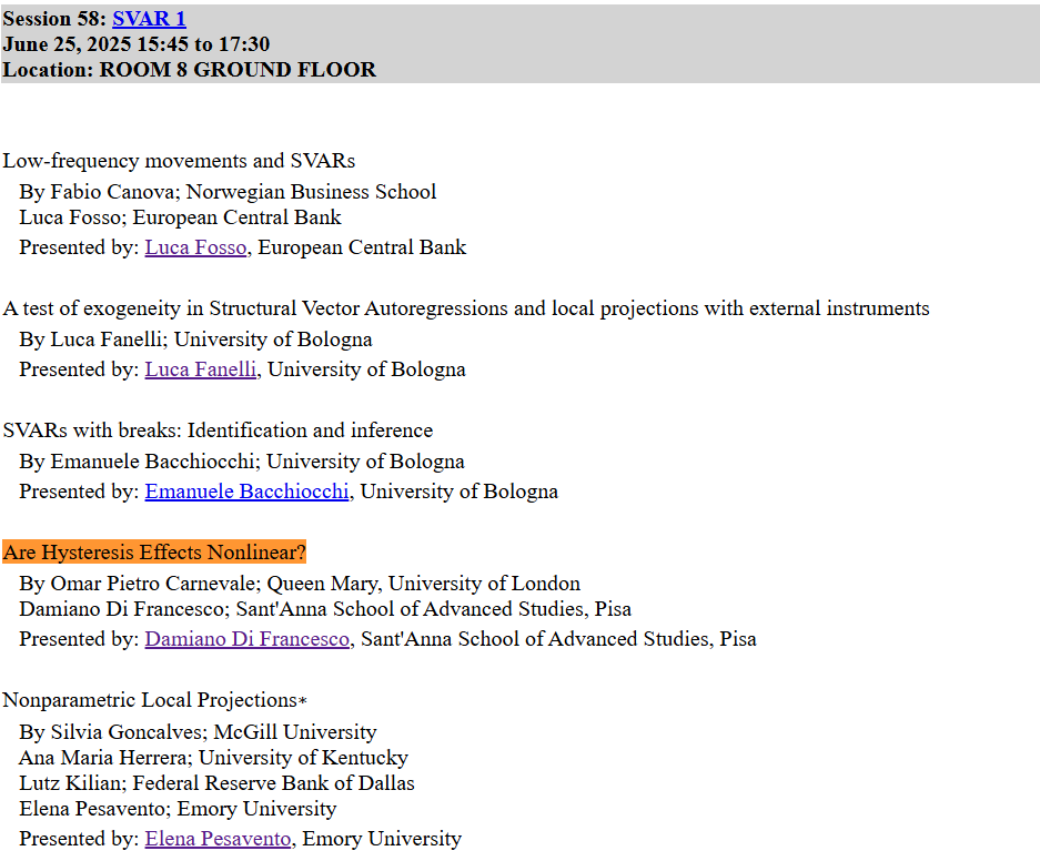 Damiano Di Francesco (@damiano_difra) on Twitter photo Great experience presenting my paper "Are Hysteresis Effects Nonlinear?" (w/ <a href="/OmarCarnevale1/">Omar P. Carnevale</a> ) at #IAAE2025 in Turin.
Happy to receive an Honorable Mention from the committee, and to be part of a session with a great lineup of papers.
👇 Great experience presenting my paper "Are Hysteresis Effects Nonlinear?" (w/ <a href="/OmarCarnevale1/">Omar P. Carnevale</a> ) at #IAAE2025 in Turin.
Happy to receive an Honorable Mention from the committee, and to be part of a session with a great lineup of papers.
👇