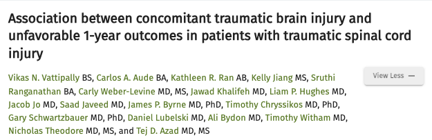 Tej D. Azad 🇺🇸 (@tdazad) on Twitter photo 2 great papers from 2 stellar <a href="/HopkinsNsurg/">Johns Hopkins Neurosurgery</a> students out in <a href="/TheJNS/">Journal of Neurosurgery</a>
1. <a href="/kathleen_ran/">Kathleen Ran</a> defined a subset of pTBI pts who benefit from surgical intervention in TQIP
2. <a href="/VikasVattipally/">Vikas Vattipally</a> quantified impact of concomitant TBI on SCI
<a href="/elliotthaut/">Elliott R Haut, MD, PhD</a> <a href="/HopkinsSpine/">Hopkins Neurosurgery Spine</a> <a href="/Neurotrauma/">NeurotraumaSociety</a> 2 great papers from 2 stellar <a href="/HopkinsNsurg/">Johns Hopkins Neurosurgery</a> students out in <a href="/TheJNS/">Journal of Neurosurgery</a>
1. <a href="/kathleen_ran/">Kathleen Ran</a> defined a subset of pTBI pts who benefit from surgical intervention in TQIP
2. <a href="/VikasVattipally/">Vikas Vattipally</a> quantified impact of concomitant TBI on SCI
<a href="/elliotthaut/">Elliott R Haut, MD, PhD</a> <a href="/HopkinsSpine/">Hopkins Neurosurgery Spine</a> <a href="/Neurotrauma/">NeurotraumaSociety</a>