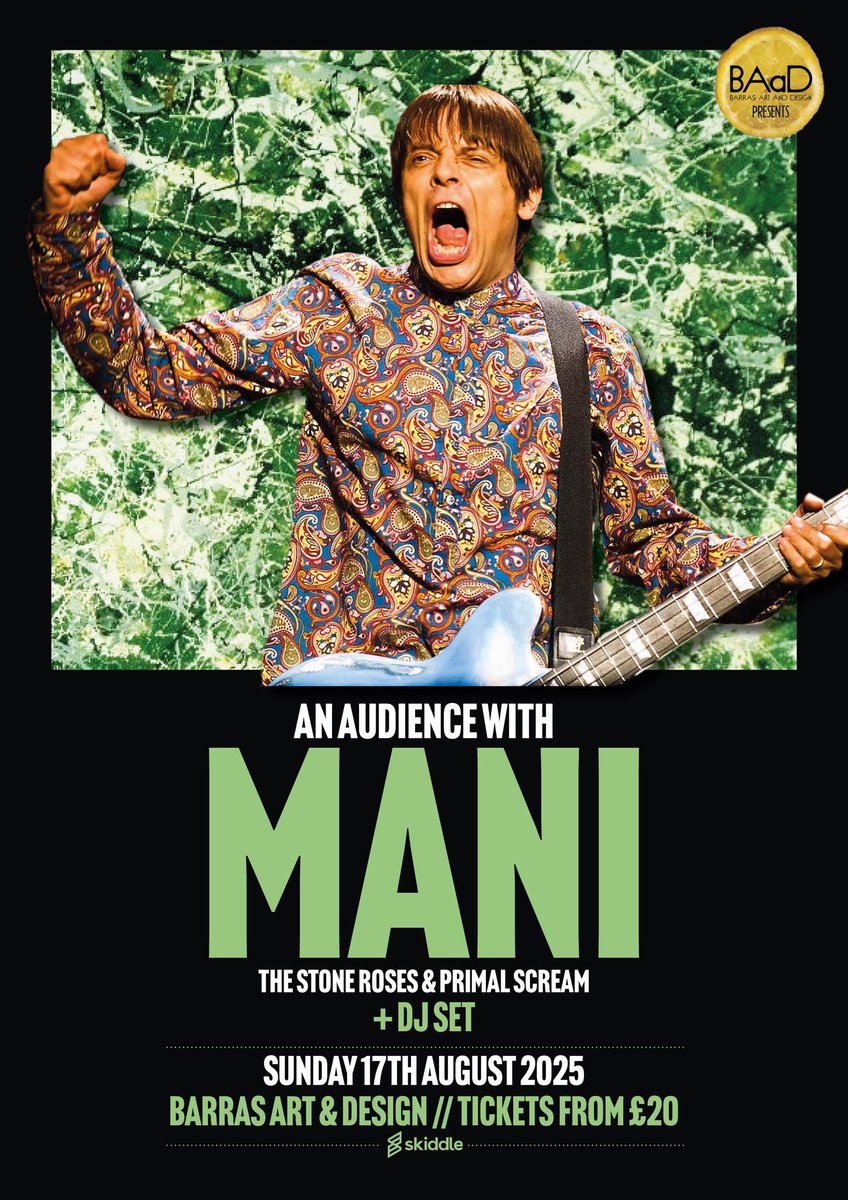 ⚠️ EVENT ANNOUNCEMENT ⚠️

🎙 An audience with MANI
🎧 + DJ Set

🍋 The Stone Roses, Primal Scream, Football &amp; Culture

✅ 17th August 2025
✅ Barras Art &amp; Design, Glasgow

🎟 Tickets are ON SALE NOW: skiddle.com/e/41162749