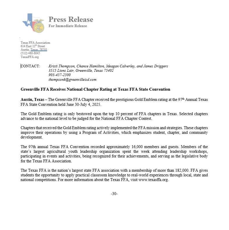BrentMoneyTX's tweet image. 🚨HD2 SATURDAY MORNING SHOUTOUT🚨
House District 2, stop what you’re doing and join me in congratulating the Greenville FFA for receiving the prestigious Gold Emblem rating through the National Chapter Award Program!
The Greenville FFA is truly exceptional. Earning the Gold…