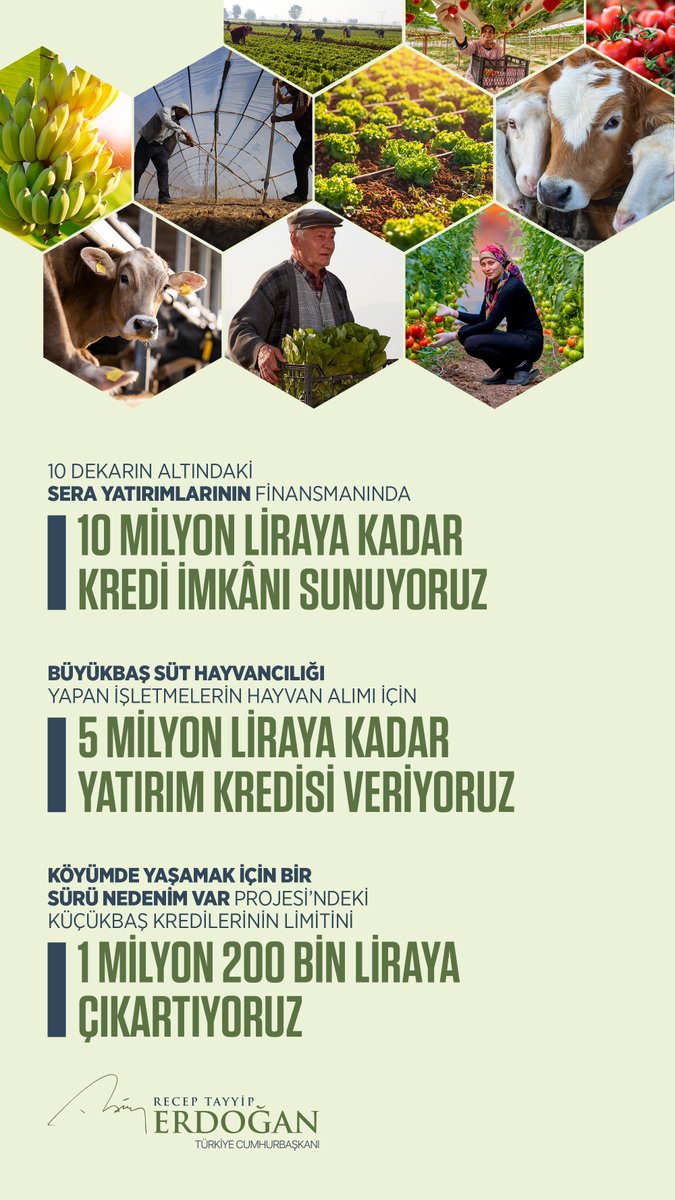 Bugün açıkladığımız cazip kredi imkânlarının çiftçilerimize hayırlı, uğurlu olmasını temenni ediyorum.

El ele, gönül gönüle vererek inşallah çok daha iyi yerlerde olacağız.