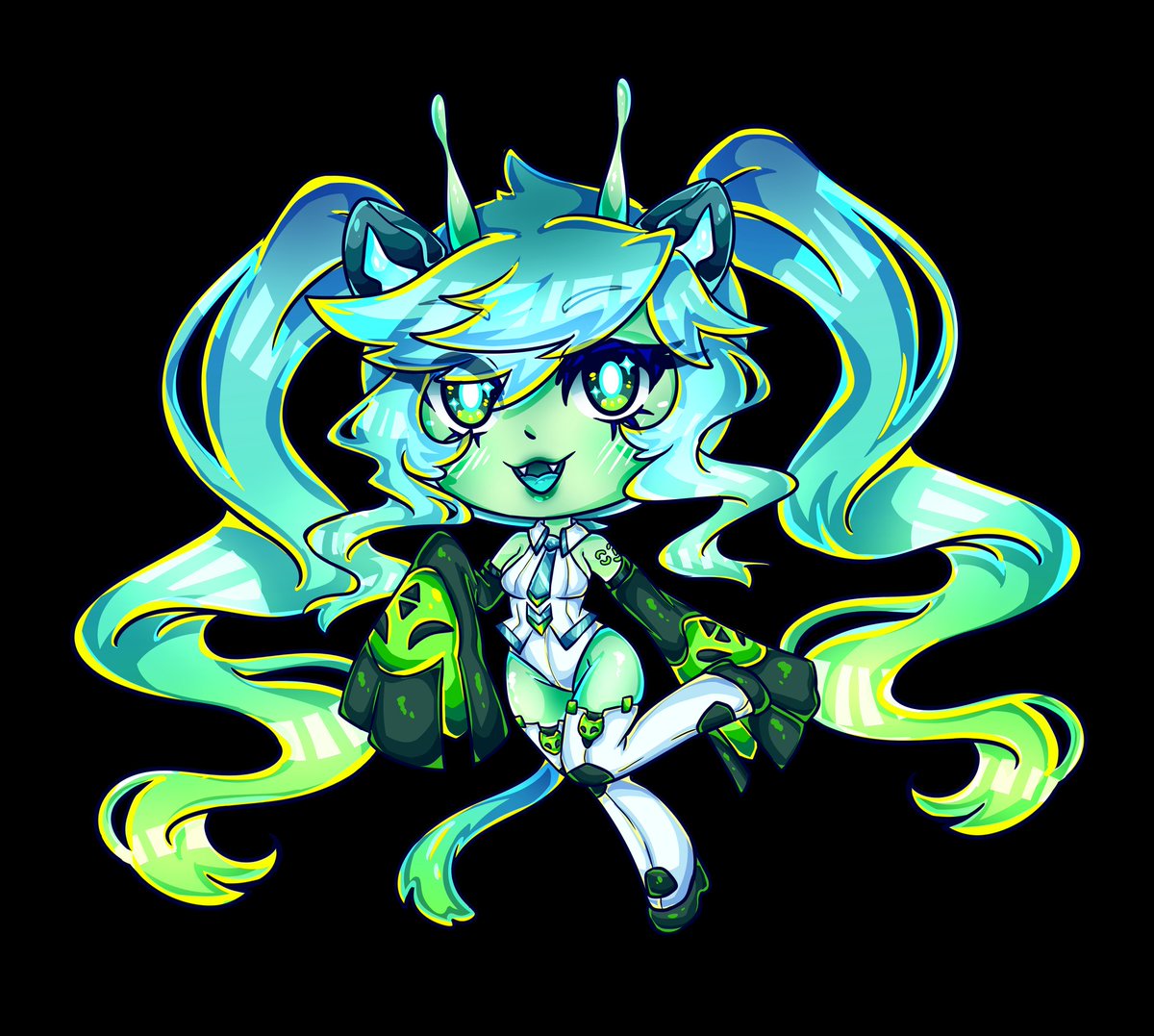 I know this is way late but I finally drew my own glorpi Miku! Thanks for designing such a cool Miku miss Dyarikku 💚🛸