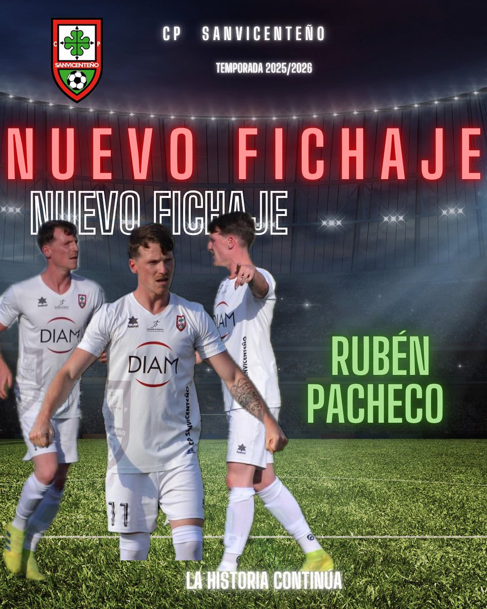 ✅ F I C H A J E 

🔥 Rubén Pacheco 

Después de una ausencia que se nota, Rubén vuelve a casa, al CP Sanvicenteño, el equipo que lleva en la sangre. 

Vuelve para liderar la batalla, para defender los colores que ama y para hacer historia. 

Bienvenido de nuevo, Rubén!🙌🏼