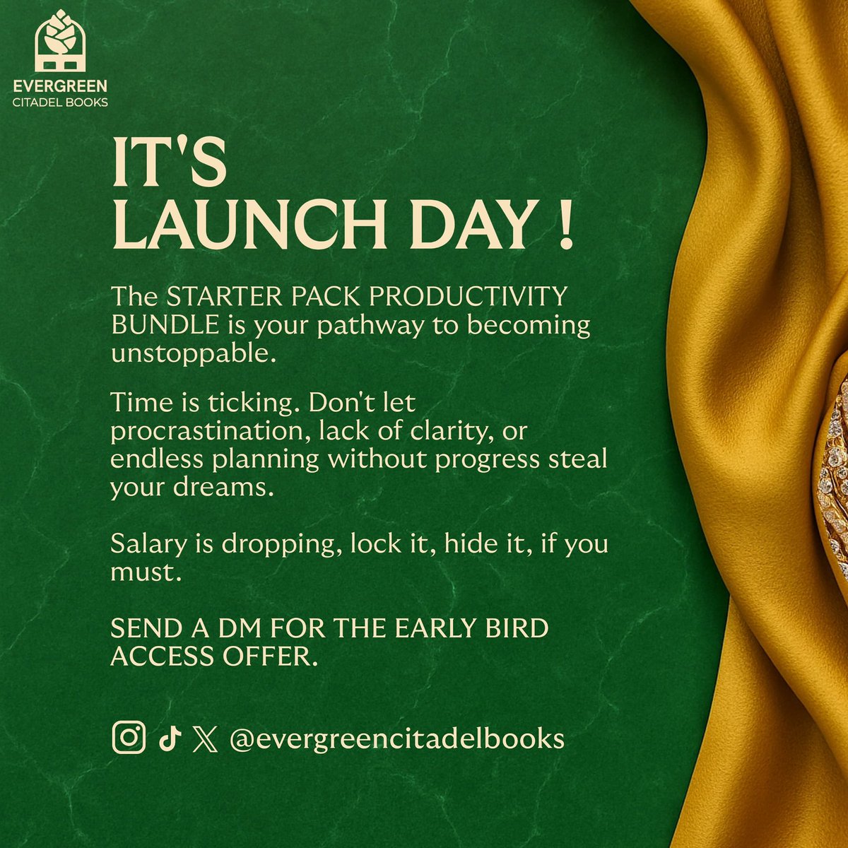Wow wow !!! It’s Launch Day 💃💃🥹
Today we Launch the Starter Pack Productivity Bundle!🥰 It’s a movement, a transformation to become a person who plans and achieves! DM me EARLY BIRD for the slots.
#evergreencitadel #evergrencitadelbooks #starterpackproductivitybundle