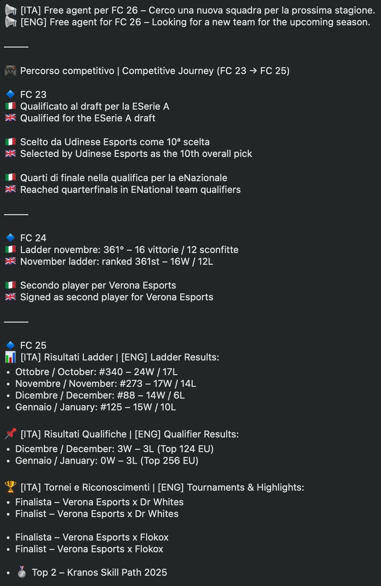 ✅ Disponibile per tryout e colloqui.
✅ Open to tryouts and team meetings.

📬 DM aperti – Direct messages open!
#EAFC