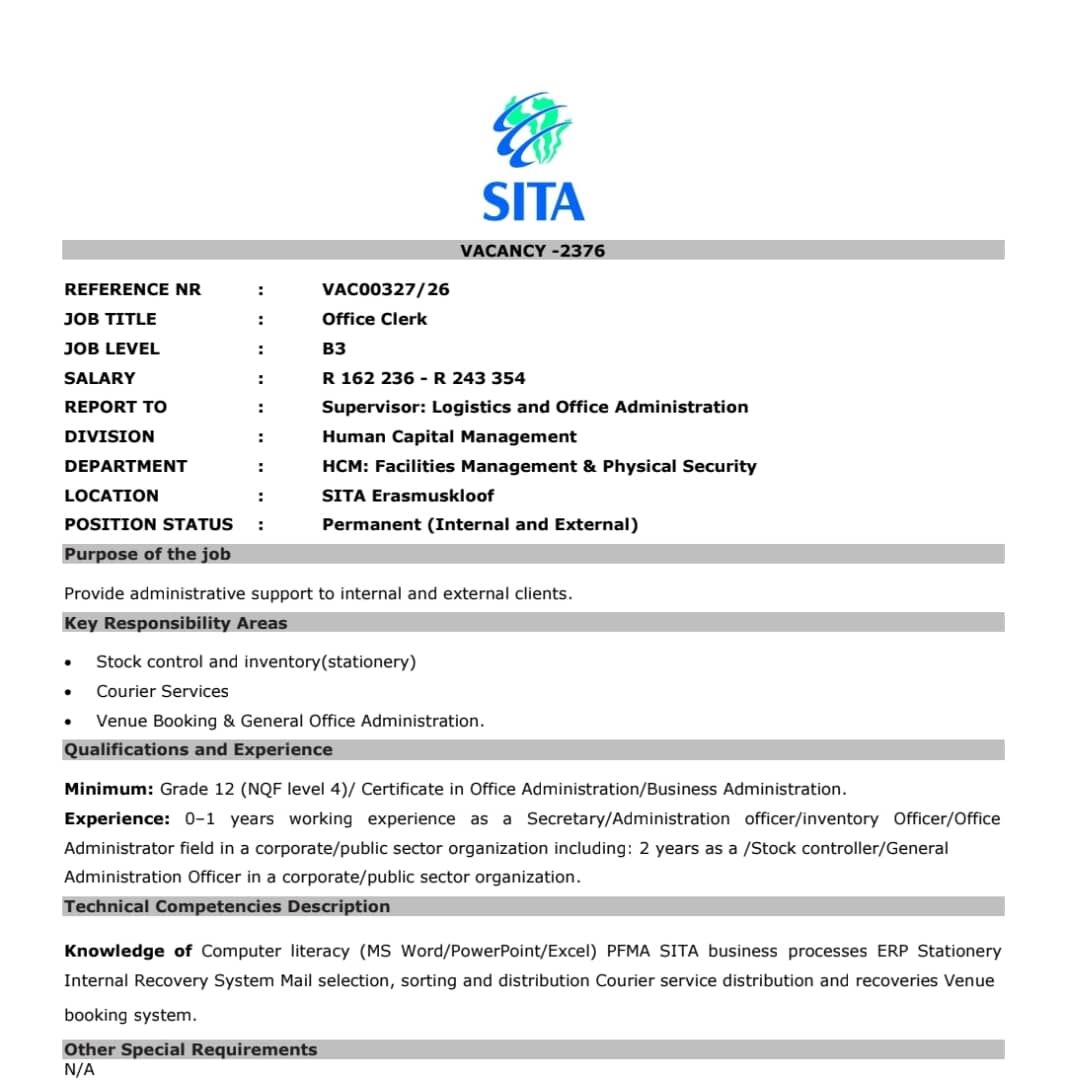 SITA is hiring »»» OFFICE CLERK

SALARY : R162,236 - R243,354 per year 

📌OFFICE CLERK 

Requirements
* Grade 12 or equivalent
* ⁠Computer literacy 
* 0 - 1 year experience needed 

Closing Date: 01 July 2025

For more details and how to apply Click the link below 👇👇👇