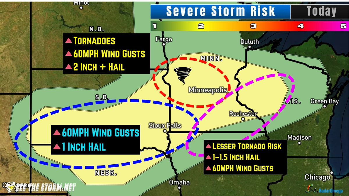 stsweathereye's tweet image. ⛈️Severe Storm Risk: Level 2 of 5
📍Central Plains to Minnesota & Wisconsin
⏱️Saturday Afternoon & Evening
⚠️Areas of 2” Hail, Tornadoes, and Wind