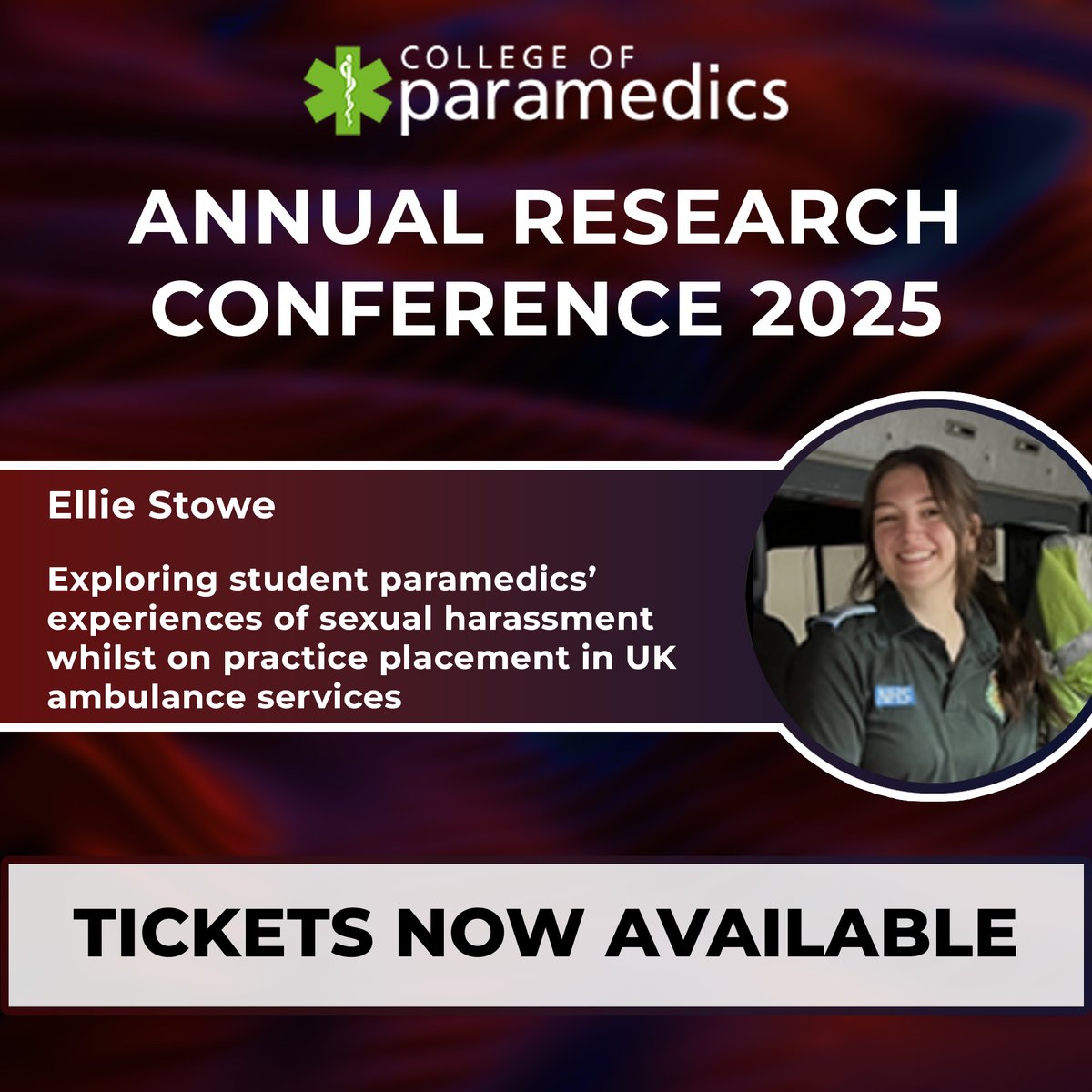🙌 The next speaker for our Annual Research Conference...

🗣️ Ellie Stow will be presenting her session 'Exploring student paramedics’ experiences of sexual harassment whilst on practice placement in UK ambulance services'.

To book your tickets ➡️ bit.ly/4krVkAu