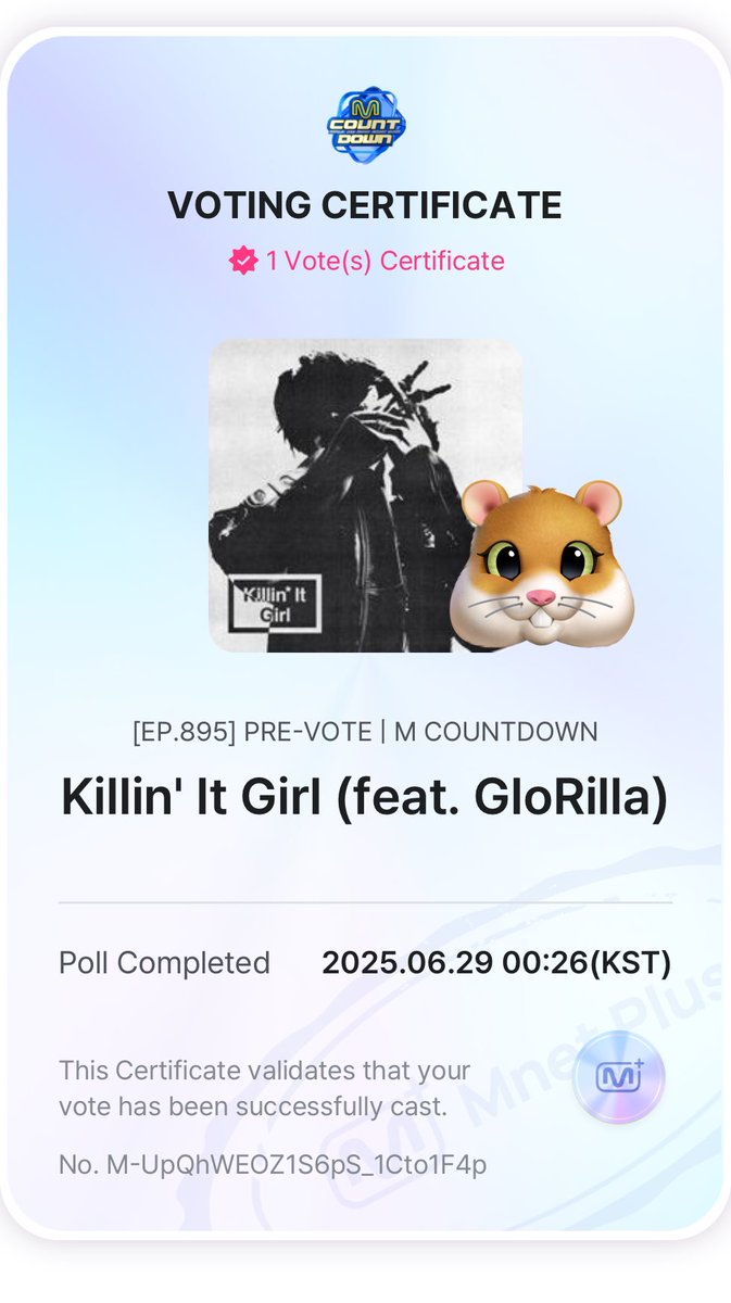 jmygmochis's tweet image. 🚨LES RECUERDO QUE TENEMOS PRE-VOTACIÓN EN MCOUNTDOWN Y KILLIN&apos; IT GIRL DE JHOPE SE ENCUENTRA NOMINADA, SON 5 VOTOS POR DÍA. 

🔗: (mnetplus.onelink.me/TRa8/94wr5mku?…) 

DEN RT Y COMENTEN SUS CAPTURAS

VOTE FOR KIG ON MCOUNTDOWN)