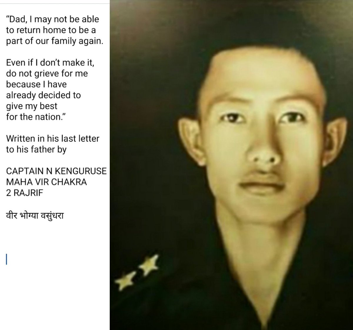 37VManhas's tweet photo. Despite being shot in abdomen, he climbed at 16000 ft barefooted in -10⁰ temp carrying RPG rocket launcher.

In the hail of bullets, he 
decimated 7 paki bunkers &amp; killed many pakis before a volley of bullets blew
CAPTAIN N KENGURUSE
MVC
2 RAJRIF
off the cliff.
#FreedomisnotFree https://t.co/vSimVz4YgN