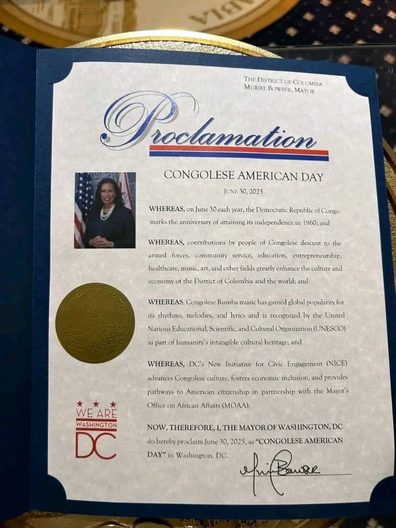 Urgent 🚨 ‼️🔴États-Unis:
Nous avons le plaisir d'annoncer que la ville de Washington D.C. a officiellement proclamé le 30 juin, date de l'indépendance de la RDC, comme "Congolese American Day"……
<a href="/Presidence_RDC/">Présidence RDC 🇨🇩</a> <a href="/POTUS/">President Donald J. Trump</a> <a href="/FelixUdps/">Felix Tshisekedi - UDPS</a> <a href="/SuminwaJudith/">Judith SUMINWA TULUKA</a> <a href="/RDCongoMAE/">Thérèse Kayikwamba Wagner</a>