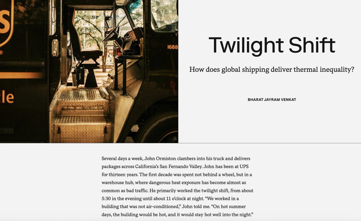 My new article, "Twilight Shift," on how the global shipping industry drives thermal inequality, commodity fetishism under climate change, and the debilitating heat exposure experienced by warehouse workers and delivery drivers, out now in Limn!

doi.org/10.70312/JXNH