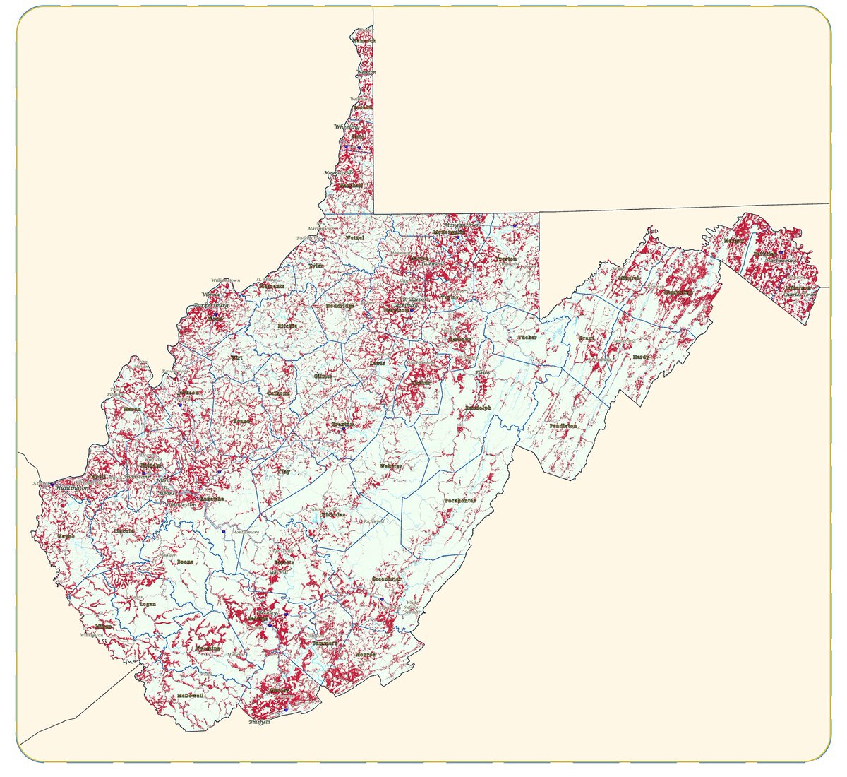 CScottJones's tweet image. Part of an ongoing & never-ending project to make realistic dot density maps of West Virginia. Each dot equals one person living in their respective census blocks with woods, water, & Walmarts filtered out.