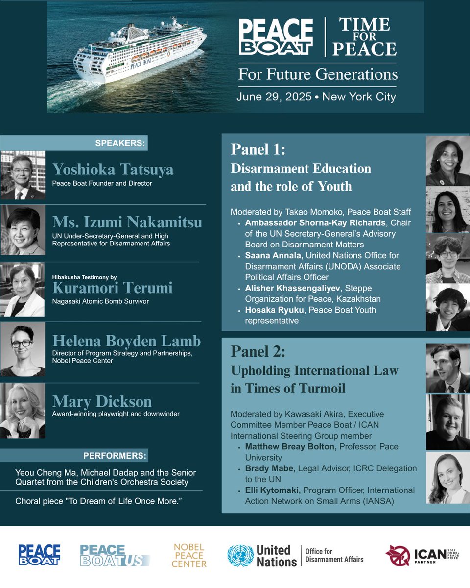 peace_boat's tweet image. 🚢 Peace Boat docks in NYC — TOMORROW, June 29!
Join us onboard for a powerful event reflecting on 80 years since the atomic age began, WWII ended, and the UN was founded.
📸 Full programme in the images. 
#PeaceBoat #TimeForPeace