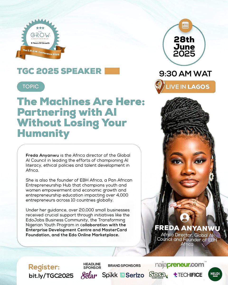 thecreatorchic's tweet photo. 🎤 Now Speaking: Freda Anyanwu

She’s unpacking a timely convo: How to embrace AI without losing our humanity. 🤖❤️

It’s not just techit’s values, balance, and impact.
📍 Solution Arena, Lagos
🤝 @tryselar + sponsors

#thegrowconference2025 #WhatAmIBuilding https://t.co/O8q83ePeFH