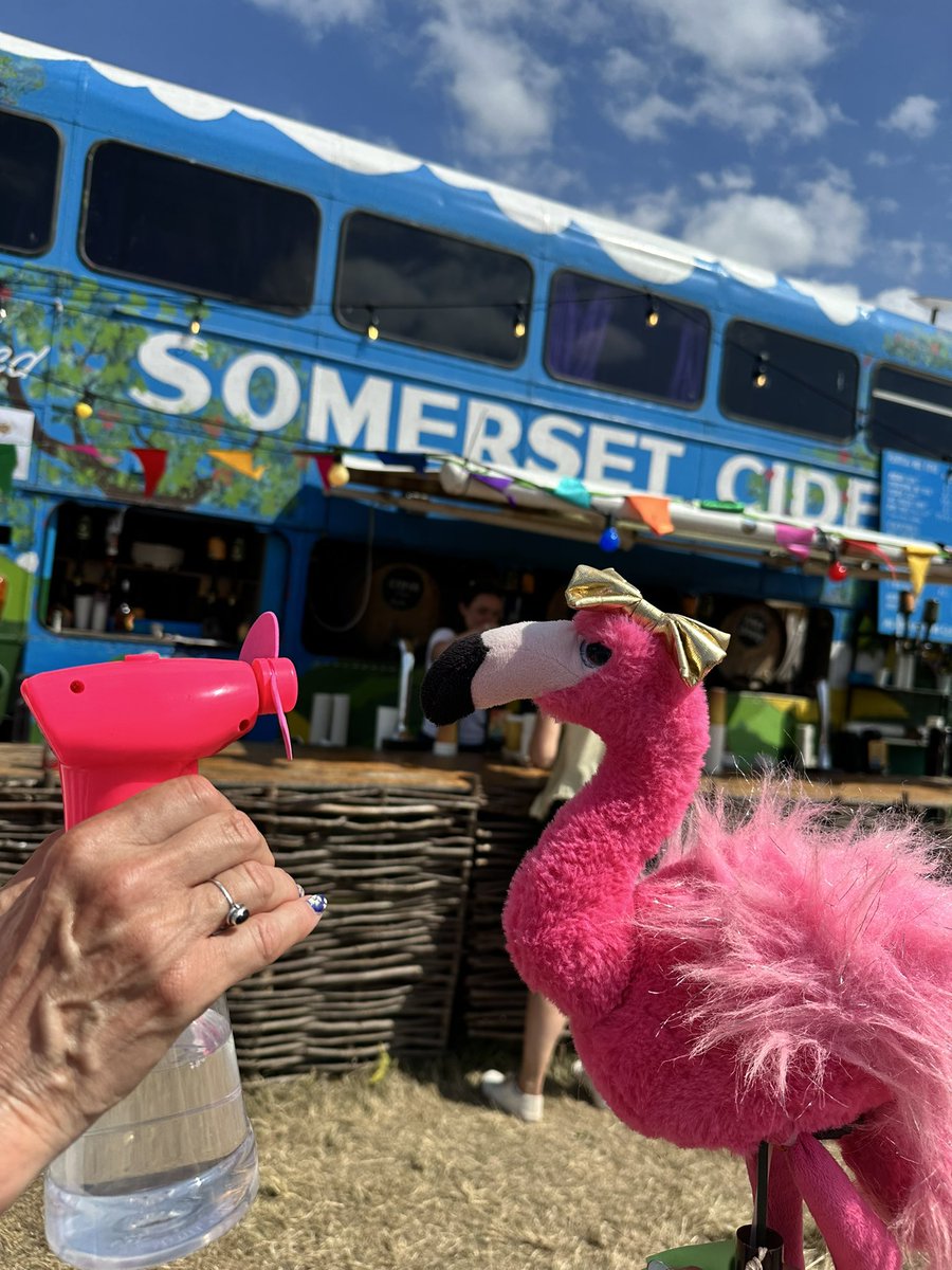 Bloomin’ hot today had to get my servant to mist me… while we called in at the Cider Bus before John Fogerty (will Dave G show??) 

#glastofanniemac🦩 #fannieflamingo🦩 
#fanniemac #glastofannie #glastonbury2025 #glasto2025 #glastonbury #glastonburyfestival #glasto #glastofest
