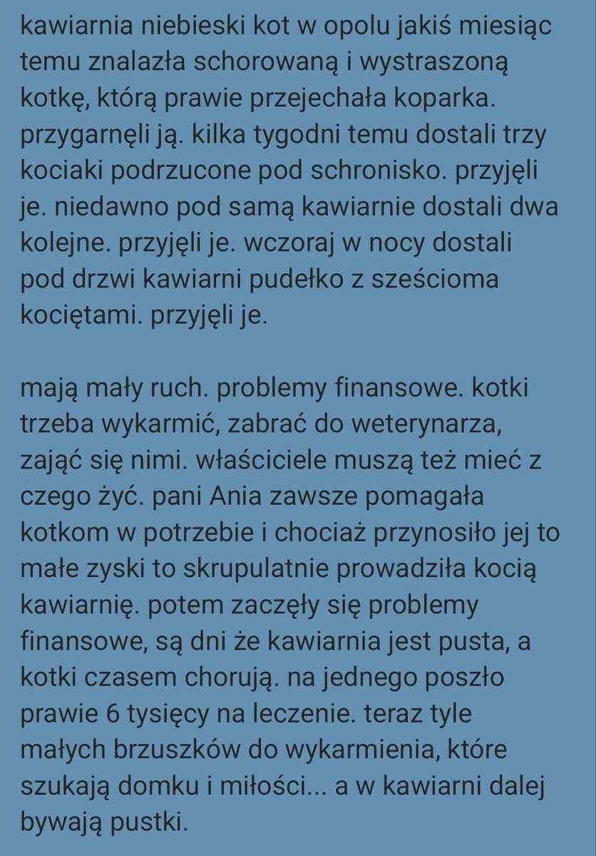 sunxqvi's tweet photo. ❗proszę udostepniajcie ❗

ZAPRASZAM DO KOCIEJ KAWIARNI W OPOLU !!! MAJĄ PROBLEMY FINANSOWE A KOCIE BRZUSZKI MUSZĄ BYĆ PEŁNE !! POMAGAJĄ KAŻDEMU KOCIĄTKU, KTÓRE JEST IM P O D R Z U C A N E  W   K A R T O N I E !!!!!!! RATUJĄ KOCIE ŻYCIA, A NIE MAJĄ ZA WIELU KLIENTÓW!!!

⬇️⬇️⬇️ https://t.co/j5osLQlDUR