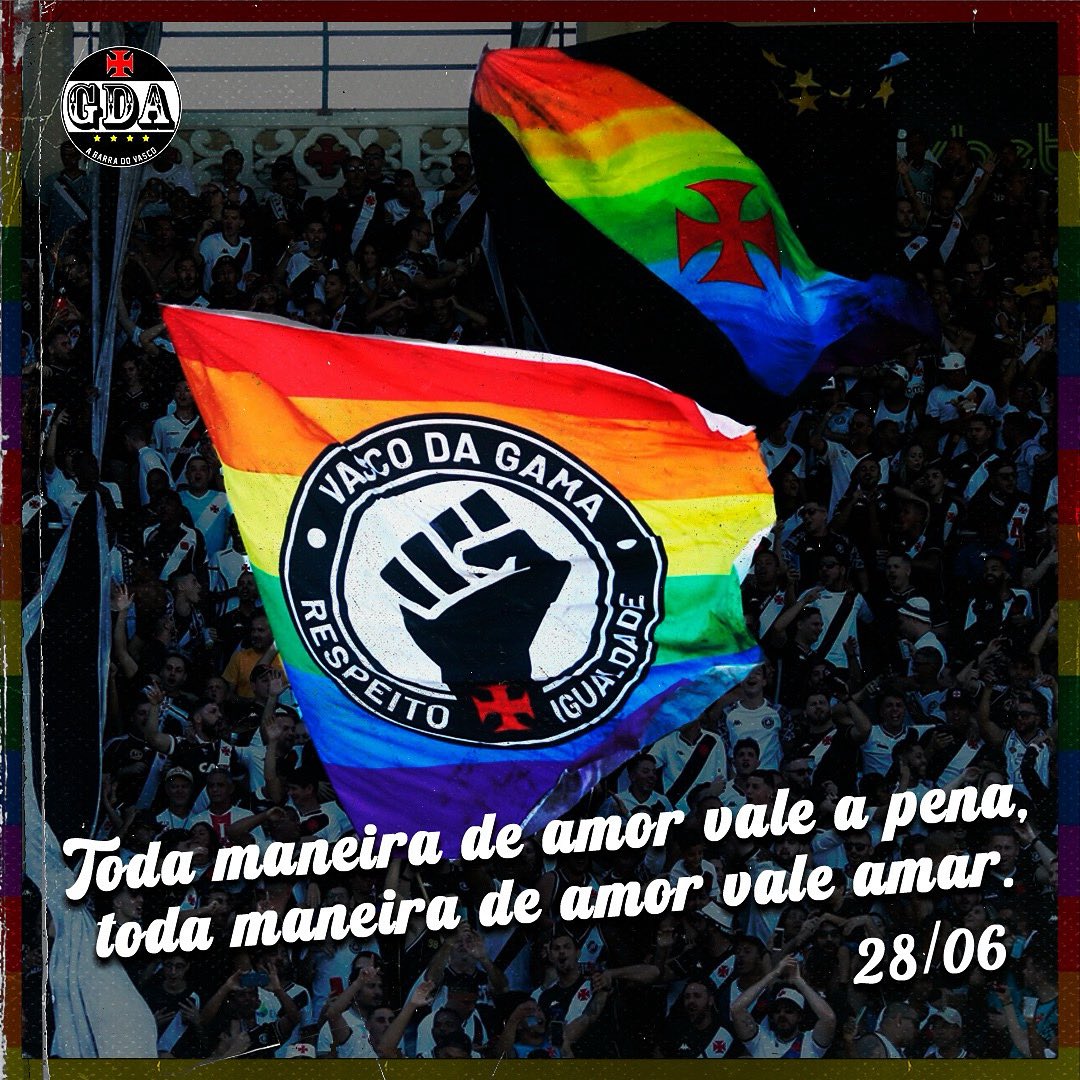 gdavg_'s tweet photo. DIA INTERNACIONAL DO ORGULHO LGBTQIA+ 🏳️‍🌈

Aqui é todo mundo junto. Na nossa arquibancada não tem divisão, tem gente que canta, apoia e faz o Vasco ser gigante.
Orgulho é isso: poder ser quem é, sem medo de apontarem o dedo. https://t.co/6GKRZOf5Dz